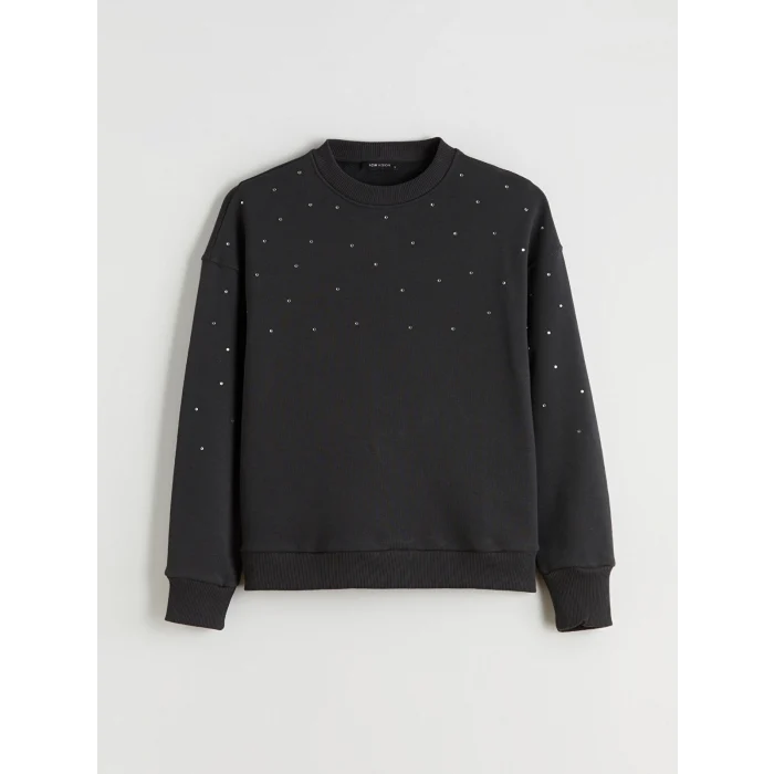 LCW Vision Antrasit Bisiklet Yaka Taşlı Oversize Kadın Sweatshirt