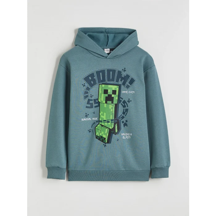LCW Kids Petrol Kapüşonlu Minecraft Baskılı Erkek Çocuk Kalın Sweatshirt