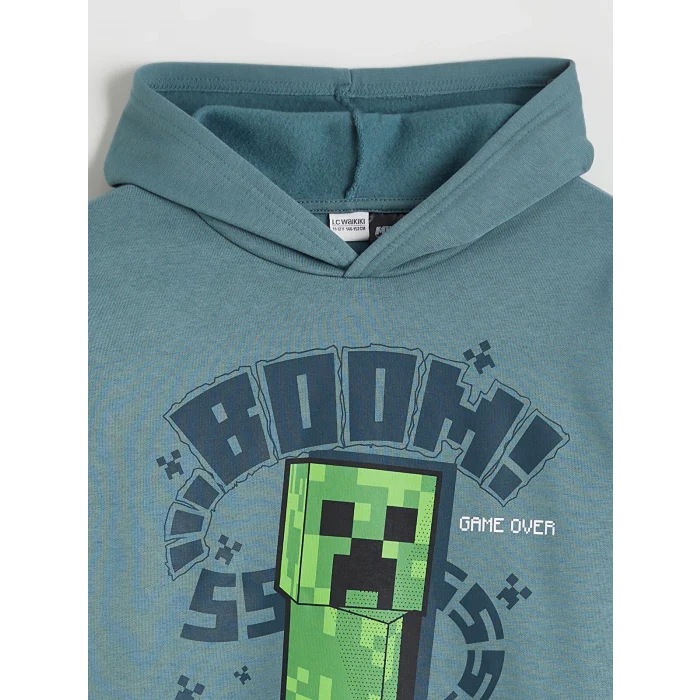 LCW Kids Petrol Kapüşonlu Minecraft Baskılı Erkek Çocuk Kalın Sweatshirt
