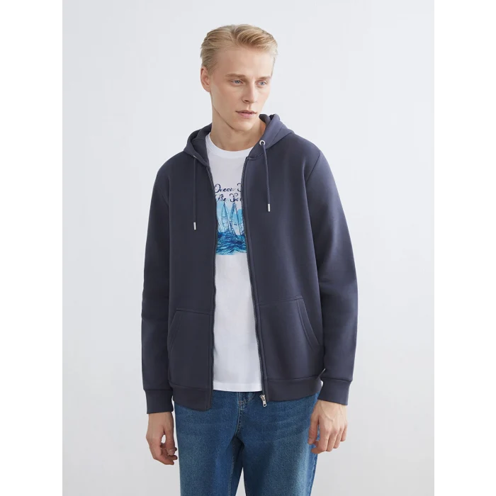 LCWAIKIKI Classic İndigo Kapüşonlu Uzun Kollu Erkek Fermuarlı Sweatshirt