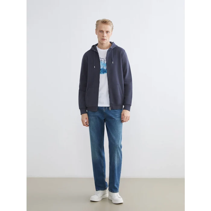 LCWAIKIKI Classic İndigo Kapüşonlu Uzun Kollu Erkek Fermuarlı Sweatshirt