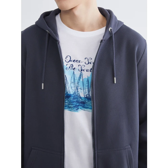 LCWAIKIKI Classic İndigo Kapüşonlu Uzun Kollu Erkek Fermuarlı Sweatshirt