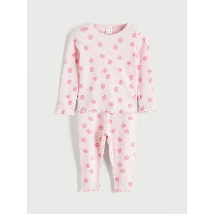 LCW baby Pembe Bisiklet Yaka Baskılı Kız Bebek Bluz ve Tayt 2li