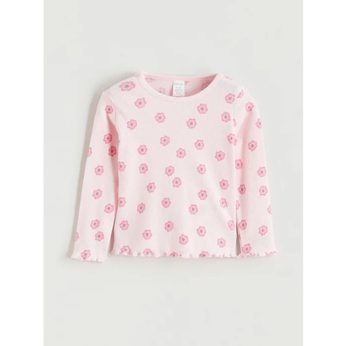 LCW baby Pembe Bisiklet Yaka Baskılı Kız Bebek Bluz ve Tayt 2li