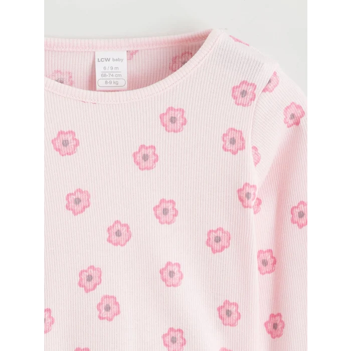 LCW baby Pembe Bisiklet Yaka Baskılı Kız Bebek Bluz ve Tayt 2li