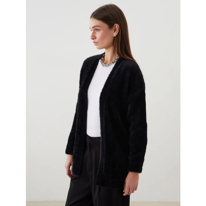 LCW Modest Siyah Şal Yaka Kadın Pelüş Triko Hırka