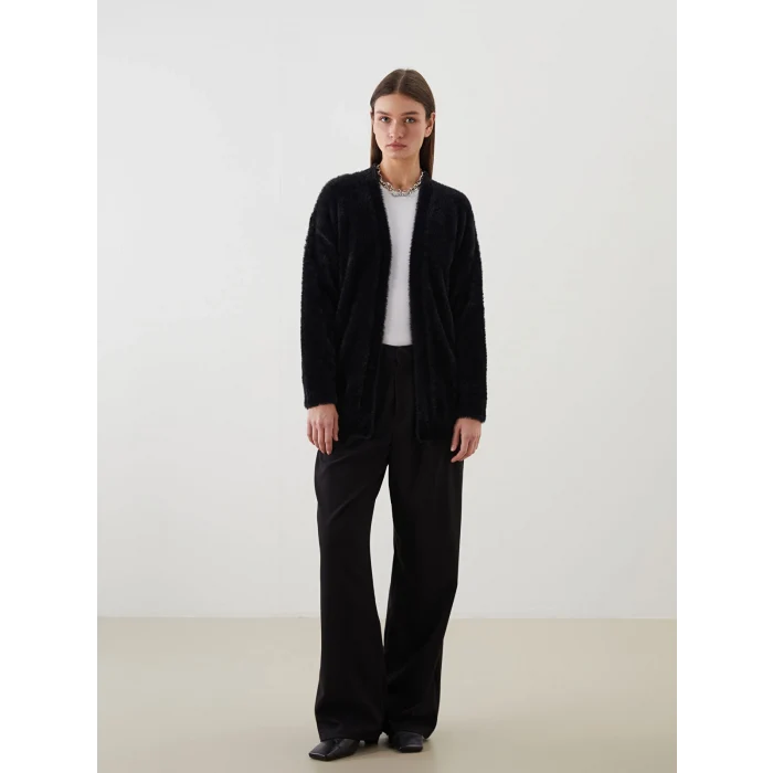 LCW Modest Siyah Şal Yaka Kadın Pelüş Triko Hırka