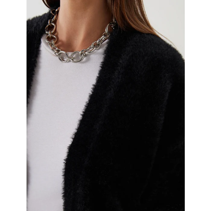 LCW Modest Siyah Şal Yaka Kadın Pelüş Triko Hırka