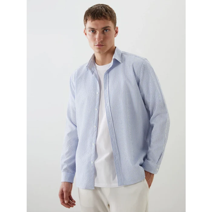 LCW Vision Mavi Slim Fit Uzun Kollu Çizgili Erkek Gömlek