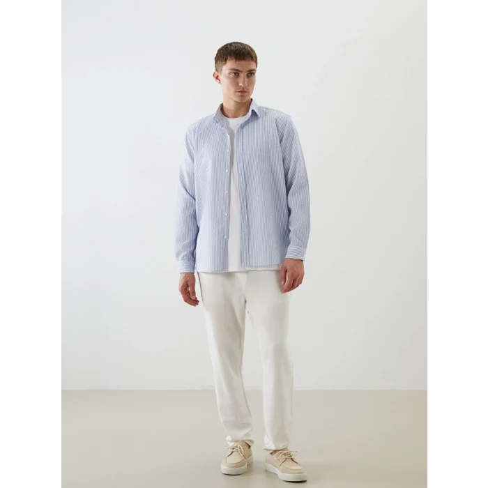 LCW Vision Mavi Slim Fit Uzun Kollu Çizgili Erkek Gömlek