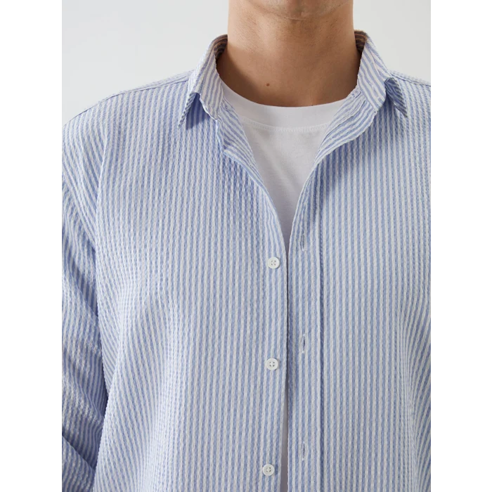 LCW Vision Mavi Slim Fit Uzun Kollu Çizgili Erkek Gömlek