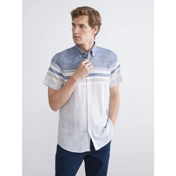 LCWAIKIKI Classic İndigo Regular Fit Kısa Kollu Çizgili Armürlü Erkek Gömlek