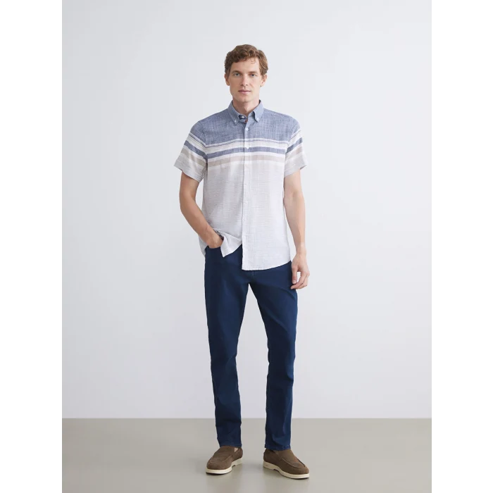 LCWAIKIKI Classic İndigo Regular Fit Kısa Kollu Çizgili Armürlü Erkek Gömlek