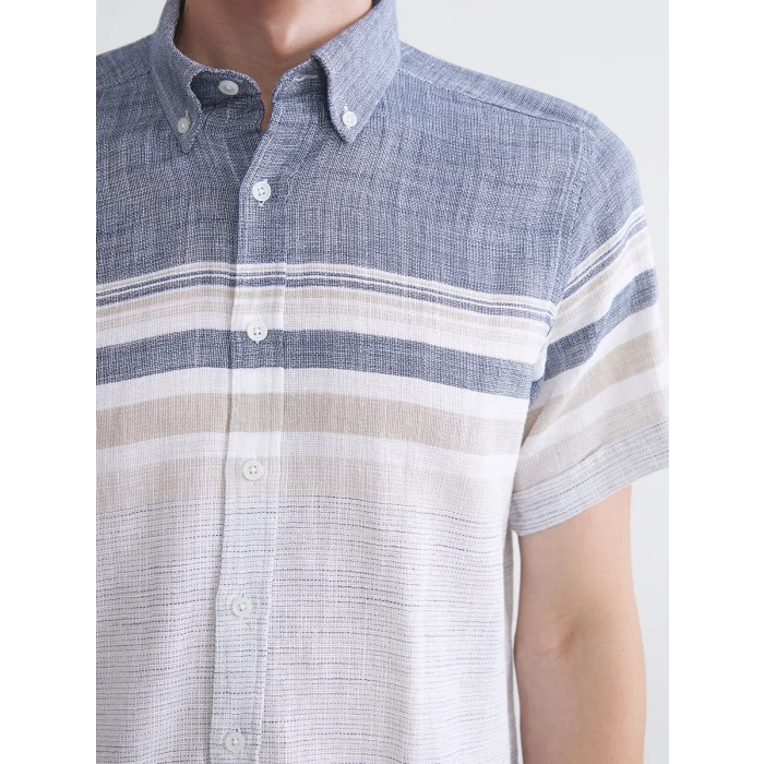 LCWAIKIKI Classic İndigo Regular Fit Kısa Kollu Çizgili Armürlü Erkek Gömlek