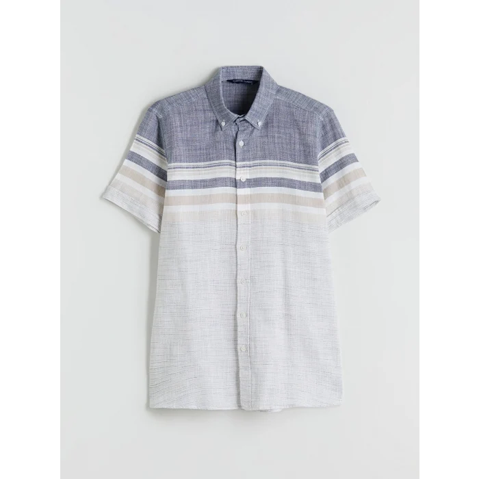 LCWAIKIKI Classic İndigo Regular Fit Kısa Kollu Çizgili Armürlü Erkek Gömlek