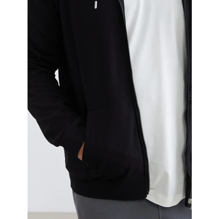 LCWAIKIKI Classic Siyah Kapüşonlu Uzun Kollu Erkek Fermuarlı Sweatshirt