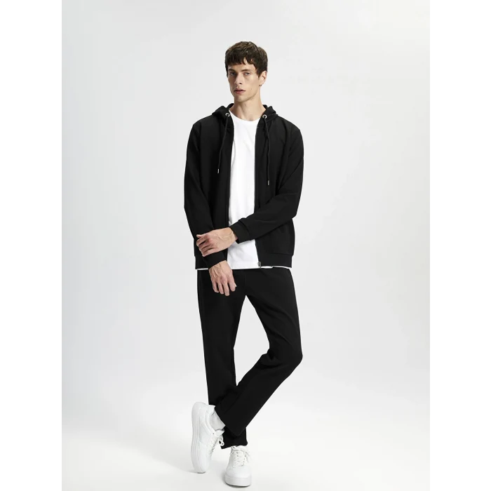 LCWAIKIKI Classic Siyah Kapüşonlu Uzun Kollu Erkek Fermuarlı Sweatshirt