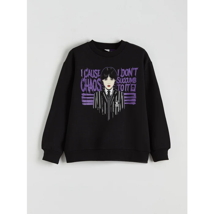 LCW Kids Siyah Wednesday Baskılı Kız Çocuk Kalın Sweatshirt