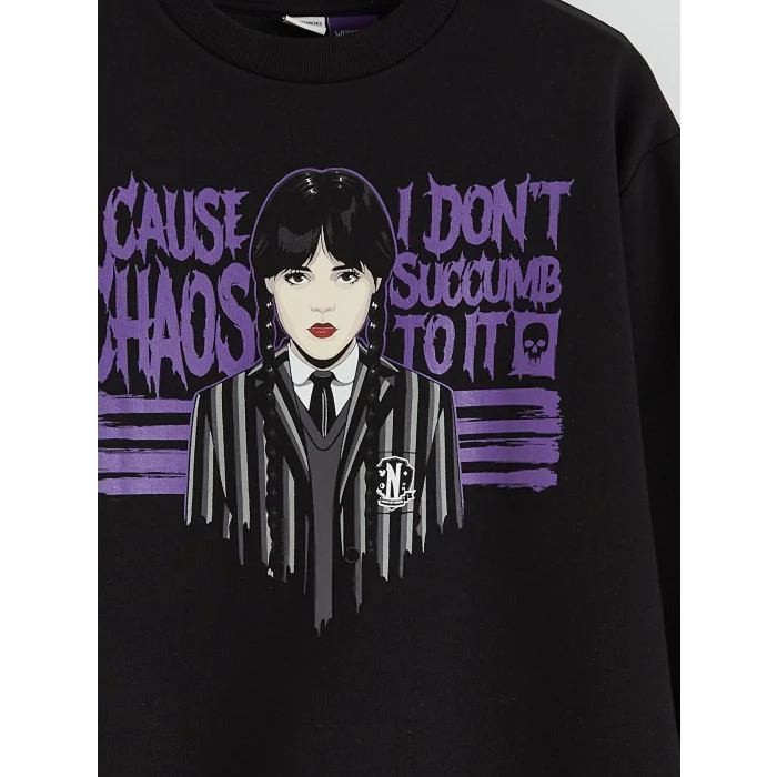 LCW Kids Siyah Wednesday Baskılı Kız Çocuk Kalın Sweatshirt