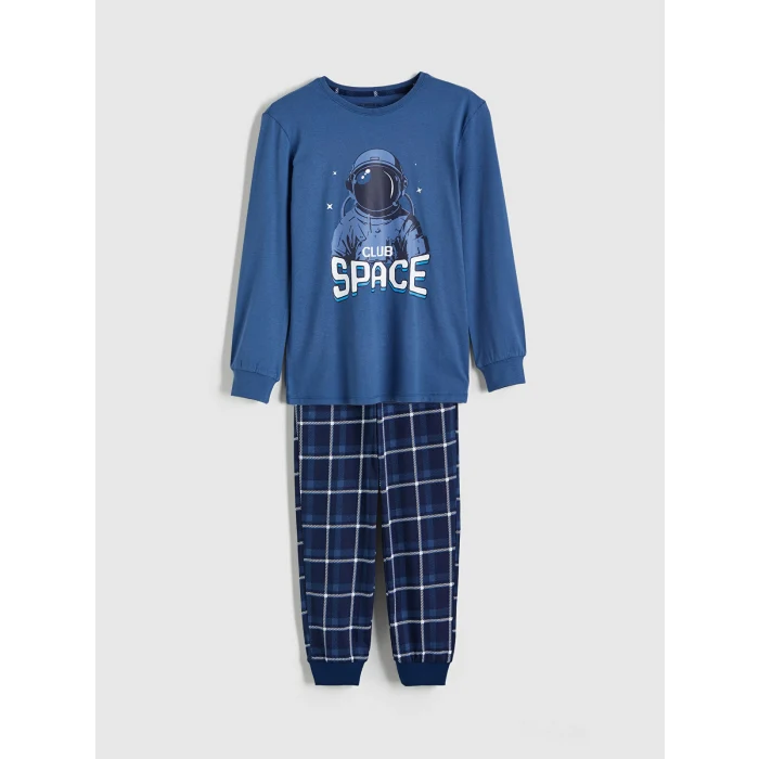 LCW Kids Mavi Bisiklet Yaka Baskılı Erkek Çocuk Pijama Takım