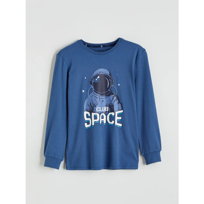 LCW Kids Mavi Bisiklet Yaka Baskılı Erkek Çocuk Pijama Takım