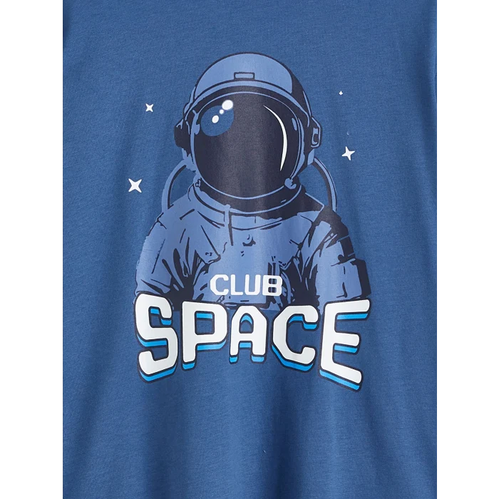 LCW Kids Mavi Bisiklet Yaka Baskılı Erkek Çocuk Pijama Takım