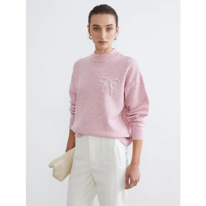 LCW Comfort Pembe Dik Yaka Boncuk İşlemeli Kadın Triko Kazak