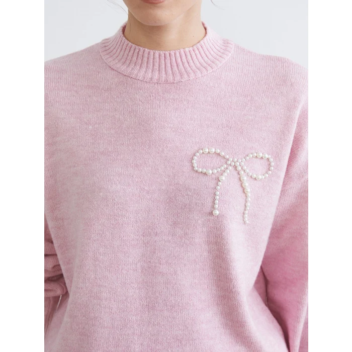 LCW Comfort Pembe Dik Yaka Boncuk İşlemeli Kadın Triko Kazak