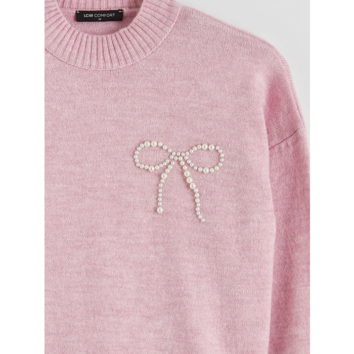 LCW Comfort Pembe Dik Yaka Boncuk İşlemeli Kadın Triko Kazak