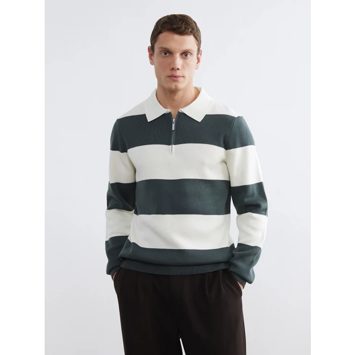 LCW Vision Yeşil Polo Yaka Çizgili Erkek Triko Kazak