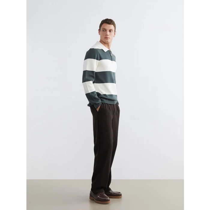 LCW Vision Yeşil Polo Yaka Çizgili Erkek Triko Kazak