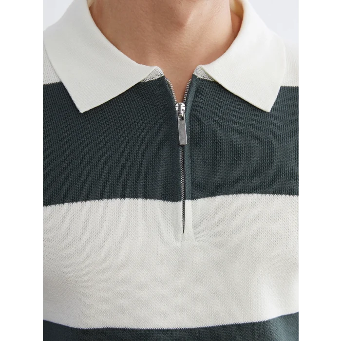 LCW Vision Yeşil Polo Yaka Çizgili Erkek Triko Kazak