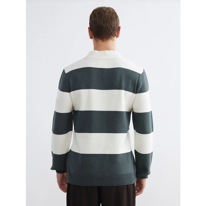 LCW Vision Yeşil Polo Yaka Çizgili Erkek Triko Kazak