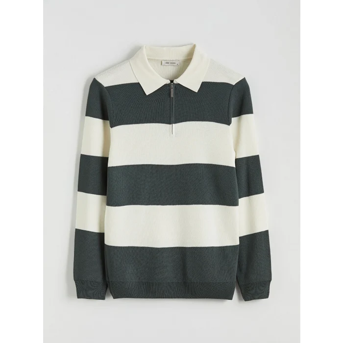 LCW Vision Yeşil Polo Yaka Çizgili Erkek Triko Kazak