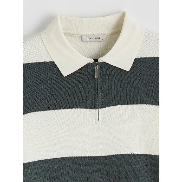 LCW Vision Yeşil Polo Yaka Çizgili Erkek Triko Kazak