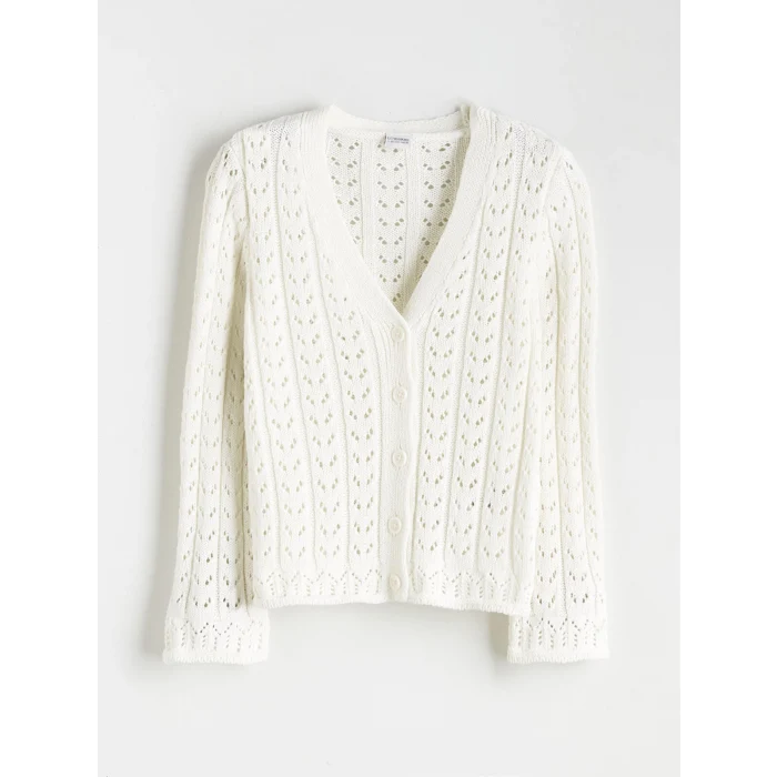 LCW Kids Ekru V Yaka Ajurlu Kız Çocuk Triko Hırka