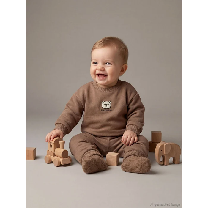 LCW baby Kahverengi Ayıcık Nakışlı Erkek Bebek Sweatshirt ve Eşofman Altı