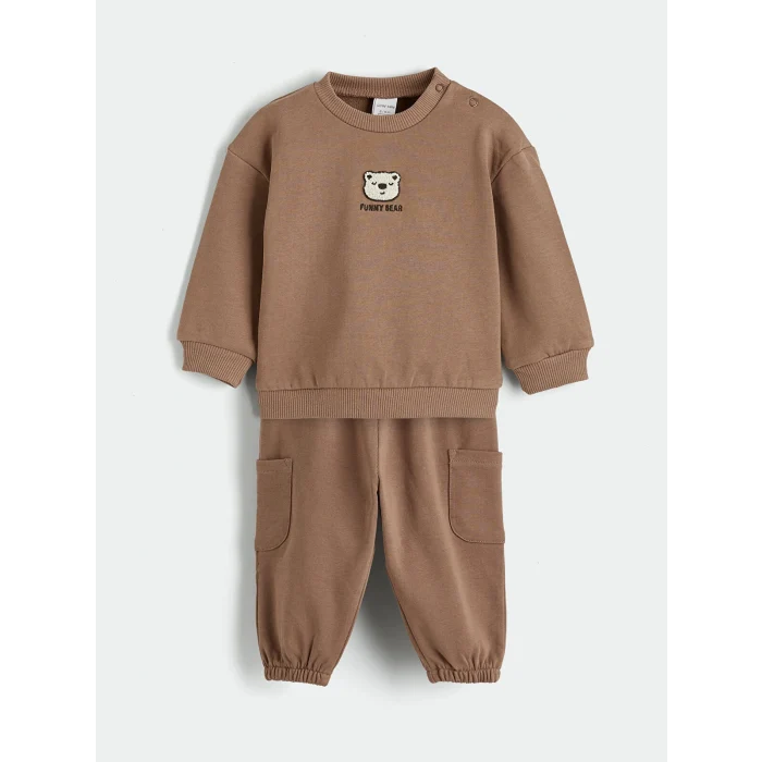 LCW baby Kahverengi Ayıcık Nakışlı Erkek Bebek Sweatshirt ve Eşofman Altı