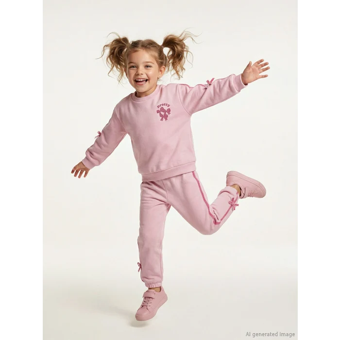 LCW Kids Pembe Fiyonklu Kız Çocuk Kalın Sweatshirt ve Eşofman Altı