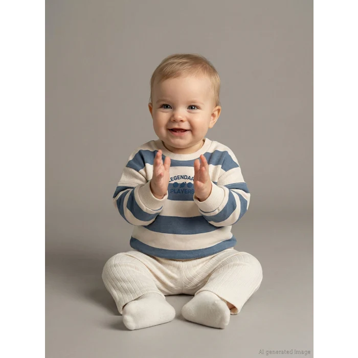 LCW baby Ekru Bisiklet Yaka Çizgili Erkek Bebek Sweatshirt ve Eşofman Alt