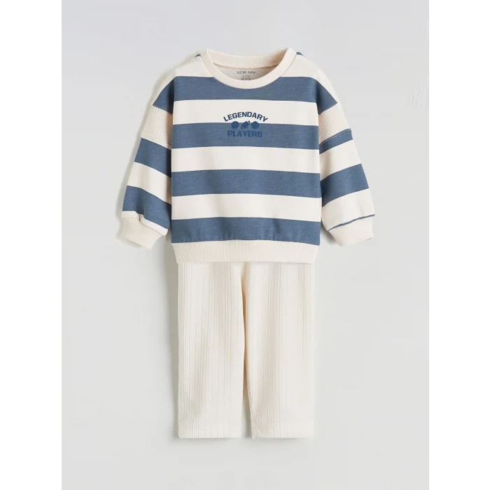 LCW baby Ekru Bisiklet Yaka Çizgili Erkek Bebek Sweatshirt ve Eşofman Alt