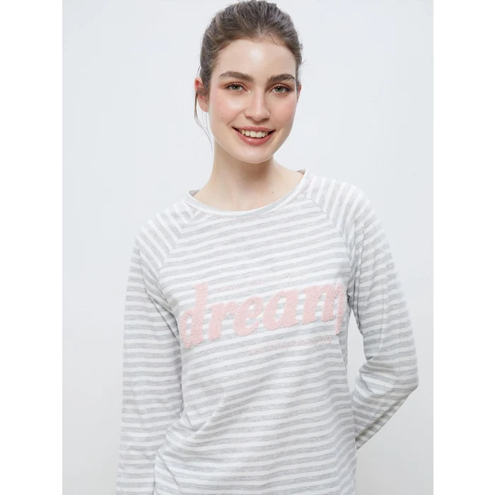 LCW DREAM Gri Bisiklet Yaka Nakışlı Kadın Pijama Takımı