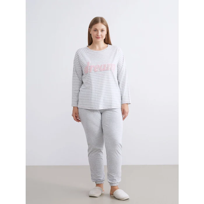 LCW DREAM Gri Bisiklet Yaka Nakışlı Kadın Pijama Takımı