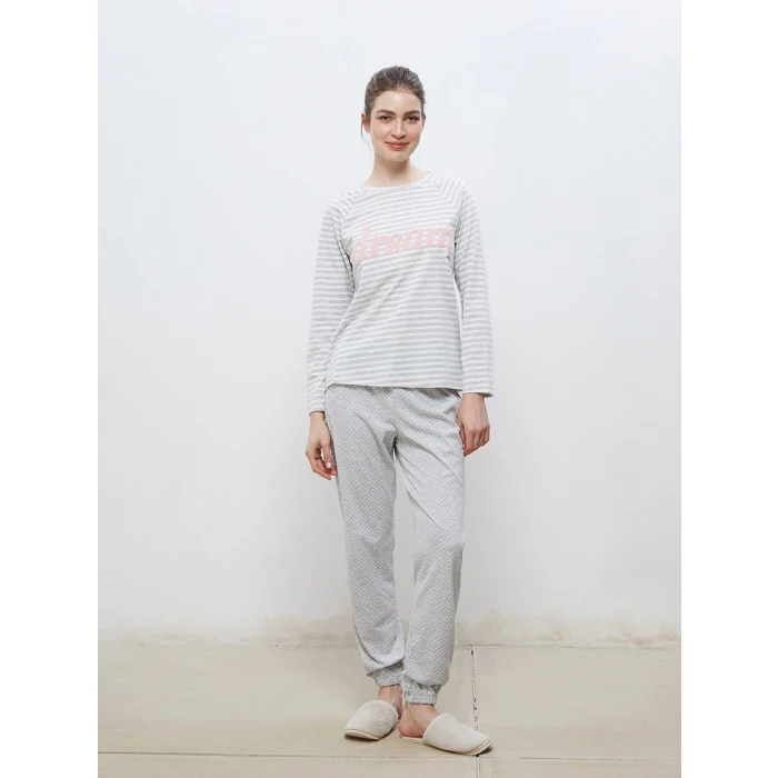 LCW DREAM Gri Bisiklet Yaka Nakışlı Kadın Pijama Takımı