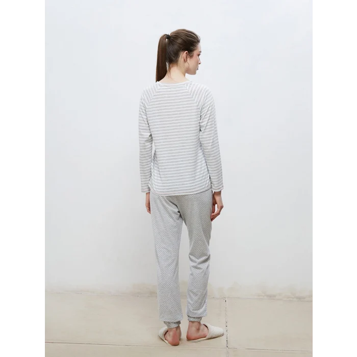 LCW DREAM Gri Bisiklet Yaka Nakışlı Kadın Pijama Takımı