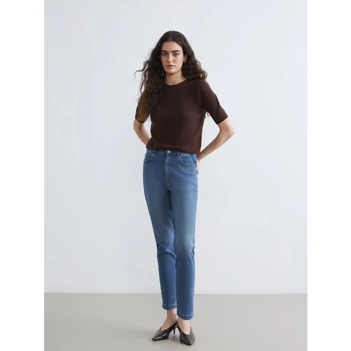 LCWAIKIKI Classic İndigo Beli Lastikli Slim Mom Kadın Jean Pantolon