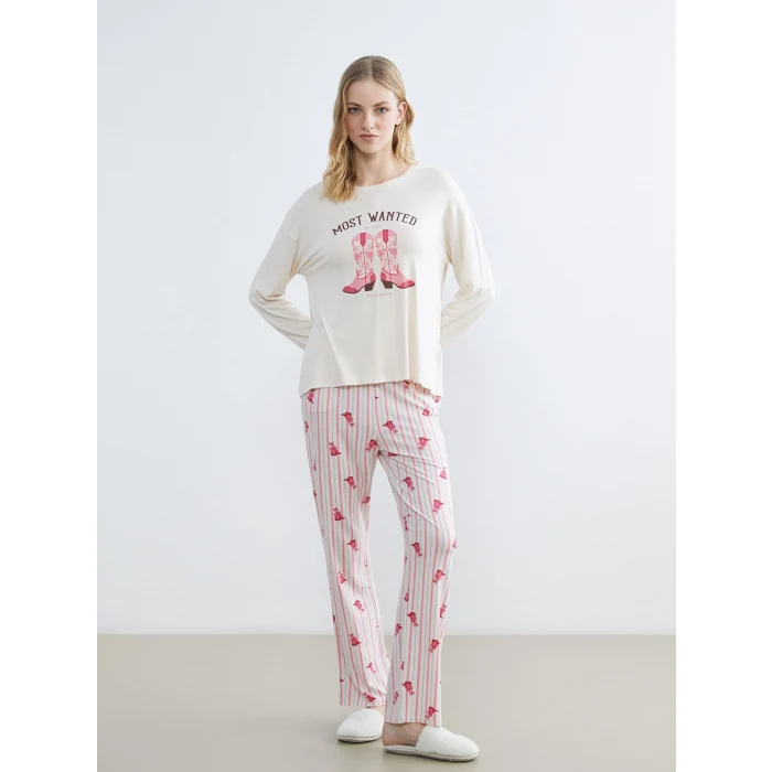 LCW DREAM Ekru Bisiklet Yaka Baskılı Kadın Pijama Takımı