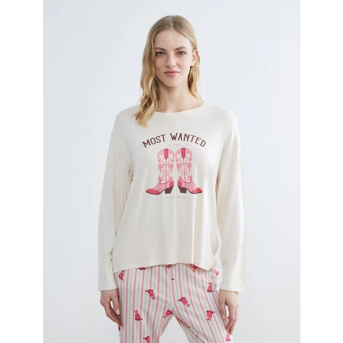 LCW DREAM Ekru Bisiklet Yaka Baskılı Kadın Pijama Takımı