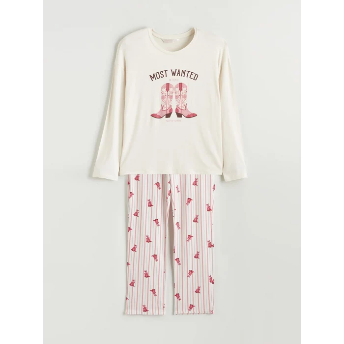 LCW DREAM Ekru Bisiklet Yaka Baskılı Kadın Pijama Takımı