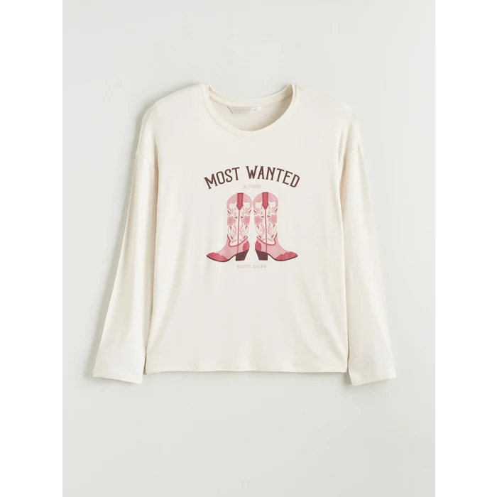 LCW DREAM Ekru Bisiklet Yaka Baskılı Kadın Pijama Takımı